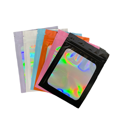 Smell Proof Food Mylar Resealable Holographic Pouch Bag With Clear Window